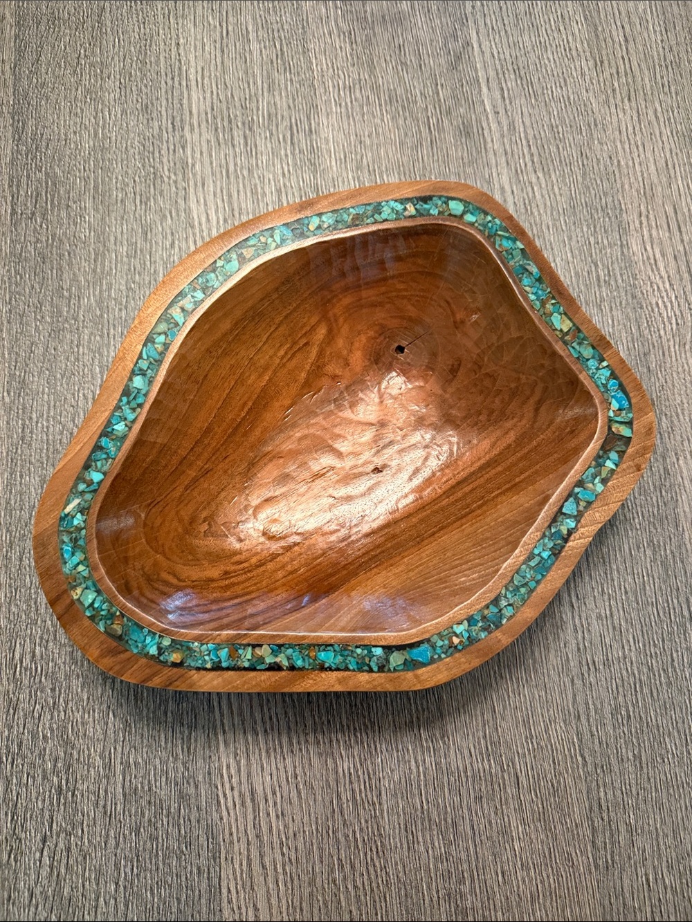 Handcrafted Walnut Decorative Bowl with Turquoise Inlay
